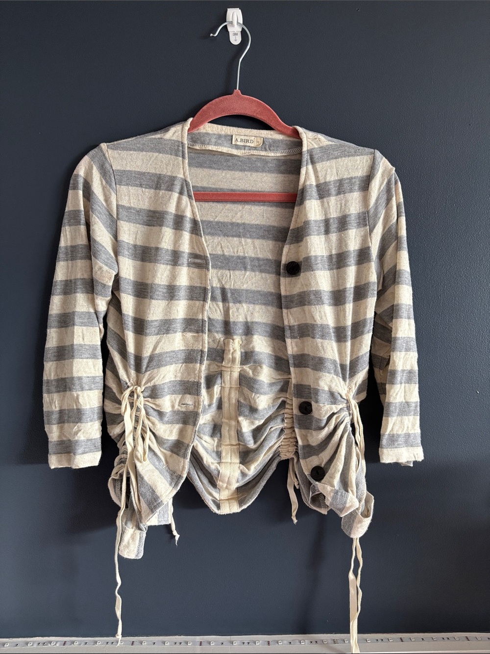 Striped Drawstring Cardigan in Beige & Gray